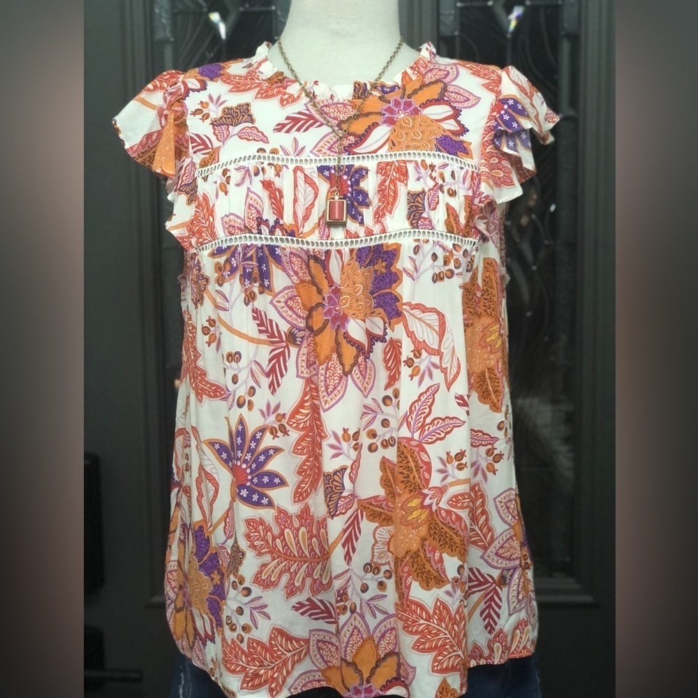 Rose & Olive Paisley Floral Ruffle Cap Sleeve Blouse
